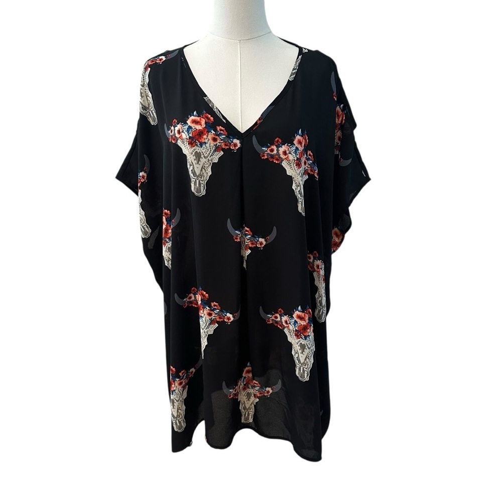 Women's Small Black Floral Cold Shoulder Beachy Coastal Cowgirl Swimsuit Coverup